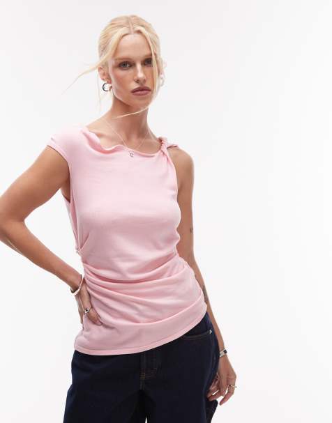 Mango knotted shoulder asymetric top in pastel pink - view 1