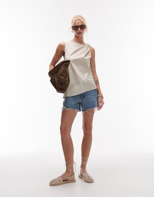 Mango knotted shoulder asymmetric sleeveless top in cream, 2 of 4