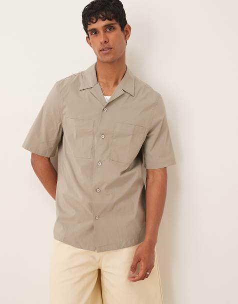Mango cotton blend short sleeve shirt in light khaki