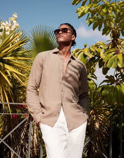 Mango linen mix long sleeve shirt in khaki