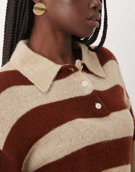 Mango – Koszulka polo z cienkiej dzianiny w brązowo-kremowe paski, 2 z 4