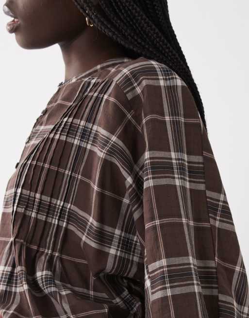 Mango kragenlose Bluse mit Puffärmeln in braunem Karomuster, 3 von 4