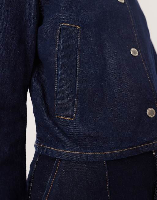 Mango – Kragenlose Jeansjacke in Indigo, 3 von 4
