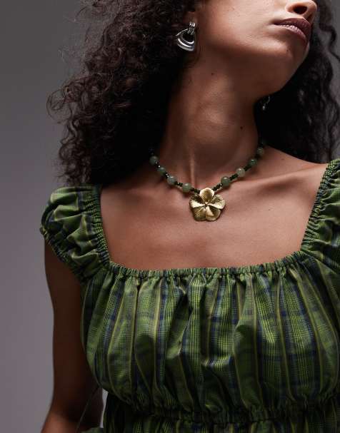Mango - Kralenketting met bloem in groen - view 1