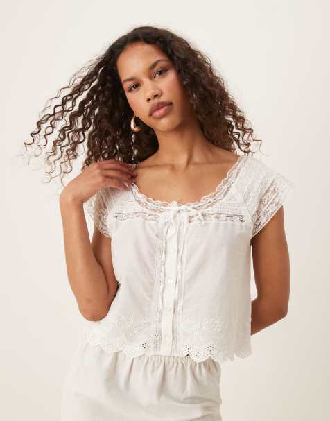 Mango cotton tie front lace detail blouse in cream