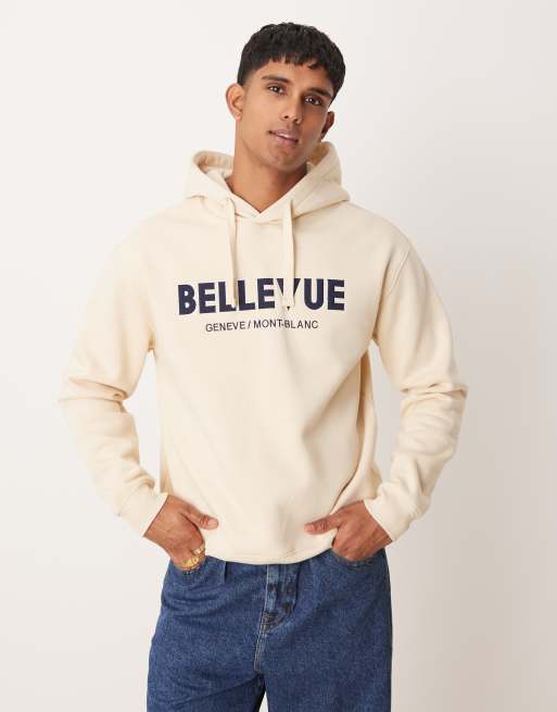 Mango – Kremowa bluza o luźnym kroju z kapturem i napisem „Bellevue”