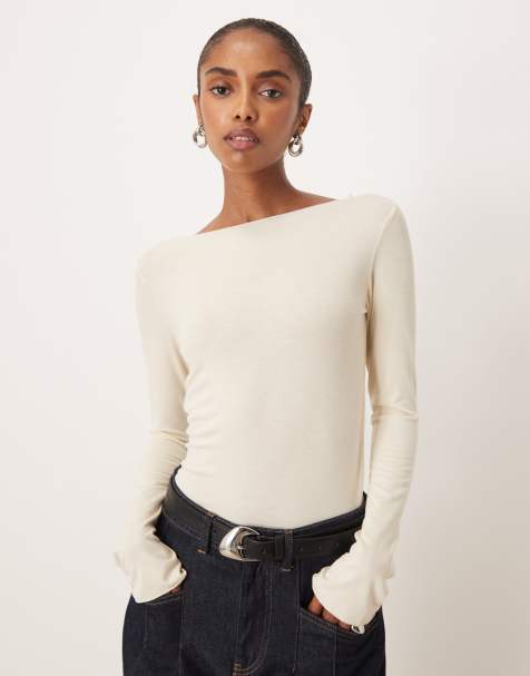 Mango boat neck long sleeve top in butter yellow