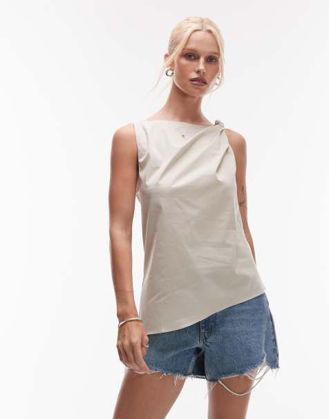 Mango knotted shoulder asymetric sleevless top on cream