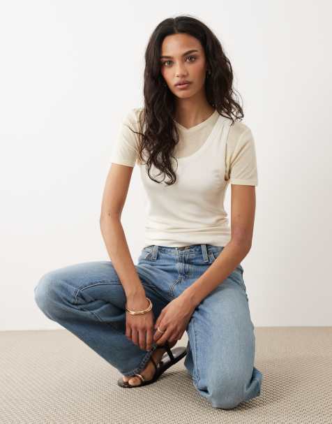 Mango – Kremowy dwuwarstwowy T-shirt z mieszanki bawełny - view 1