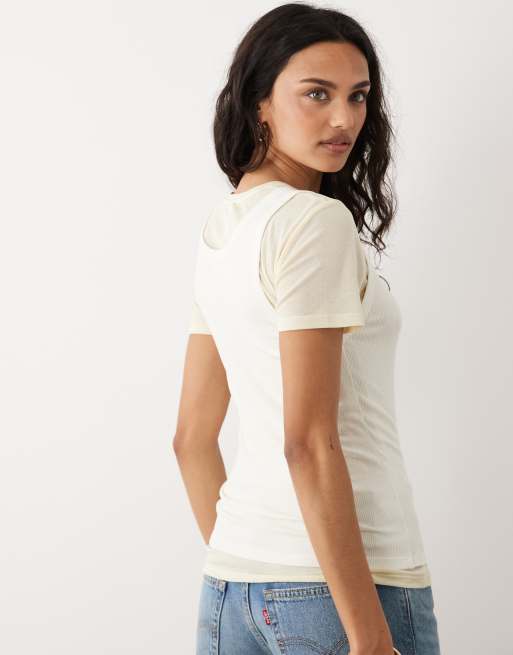 Mango – Kremowy dwuwarstwowy T-shirt z mieszanki bawełny, 2 z 4