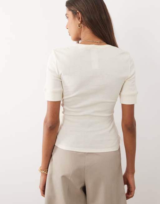Mango – Kremowy T-shirt ze ściąganymi mankietami z bawełny 100%, 4 z 4