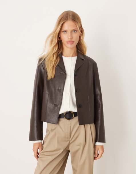 Mango faux leather short jacket in brown