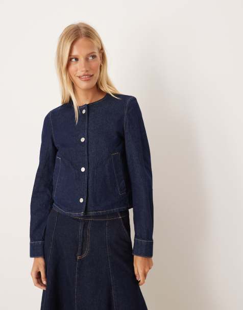 Mango collarless denim jacket in indigo