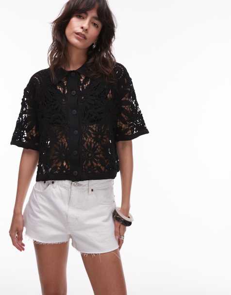 Mango – Kurzärmlige Häkel-Hemdbluse in Schwarz - view 1
