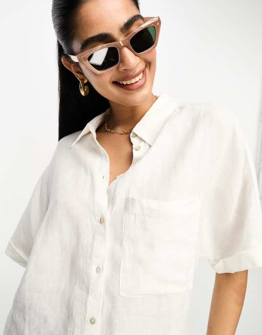 Mango – Kurzärmlige Oversize-Bluse in Weiß