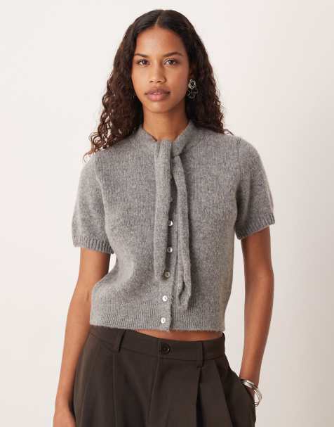 Mango – Kurzärmlige Strickjacke aus Wollmix in Grau mit Bindedetail am Ausschnitt - view 1