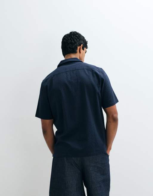 Mango – Kurzärmliges, gestreiftes Regular-Fit-Hemd in Marineblau, 4 von 5