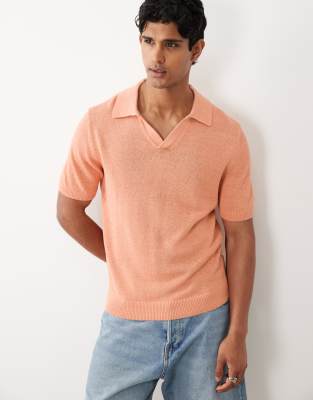 Kurzärmliges, gestricktes Polohemd aus Baumwollmix in Lachsrosa mit Reverskragen-Orange Orange 2XL