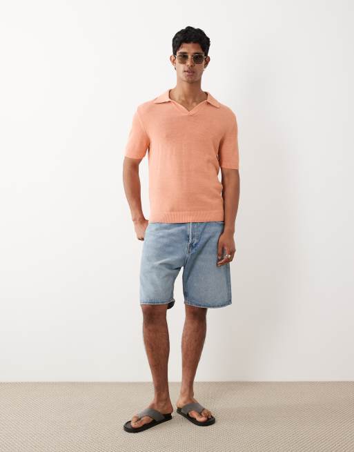 Mango – Kurzärmliges, gestricktes Polohemd aus Baumwollmix in Lachsrosa mit Reverskragen, 3 von 5