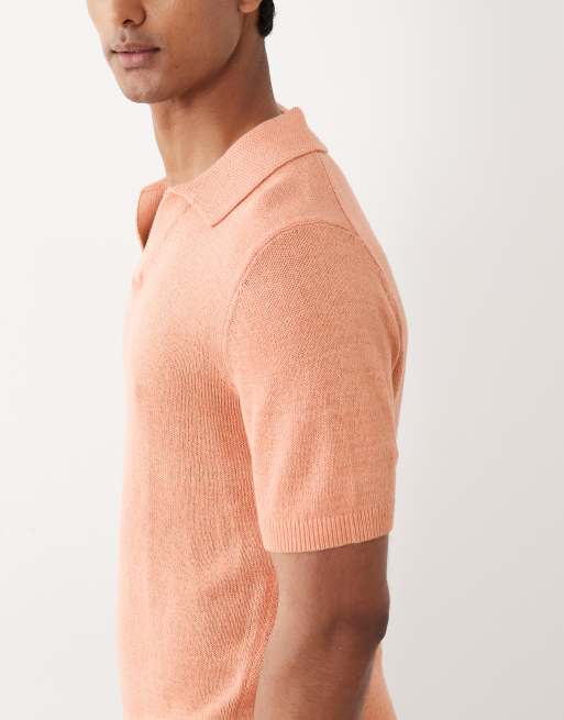Mango – Kurzärmliges, gestricktes Polohemd aus Baumwollmix in Lachsrosa mit Reverskragen, 4 von 5