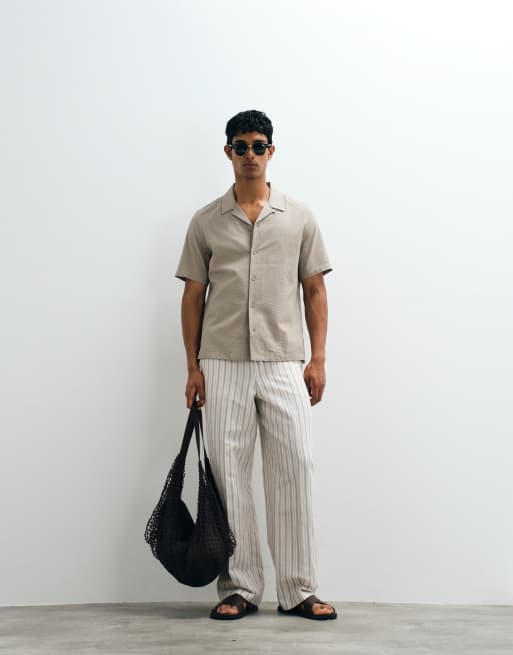 Mango – Kurzärmliges Hemd aus 100% Baumwolle in Beige mit strukturierten Streifen, 2 von 5