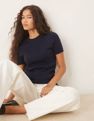 Mango - Kurzärmliges Strick-T-Shirt aus Baumwollmix in Marineblau