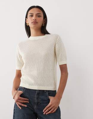 Mango - Kurzärmliges Strickoberteil aus 100% Baumwolle in Cremeweiß-Neutral