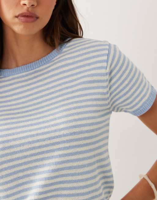 Mango – Kurzärmliges Strickoberteil mit hohem Baumwollanteil und Streifen in Pastellblau, 3 von 4
