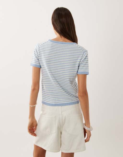 Mango – Kurzärmliges Strickoberteil mit hohem Baumwollanteil und Streifen in Pastellblau, 4 von 4
