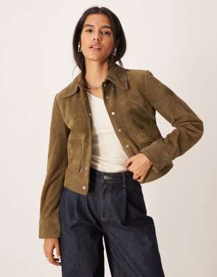 Mango - Kurze Jacke aus 100% Wildleder in Khaki-Grün