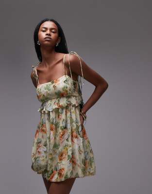 Mango - Kurzes Babydoll-Kleid aus Chiffon mit zartem Blumenmuster-Gelb