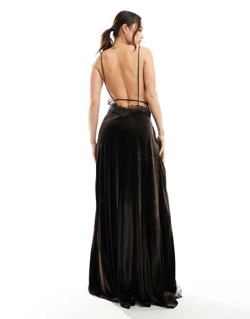 Mango lace and velvet side split maxi dress in black | ASOS