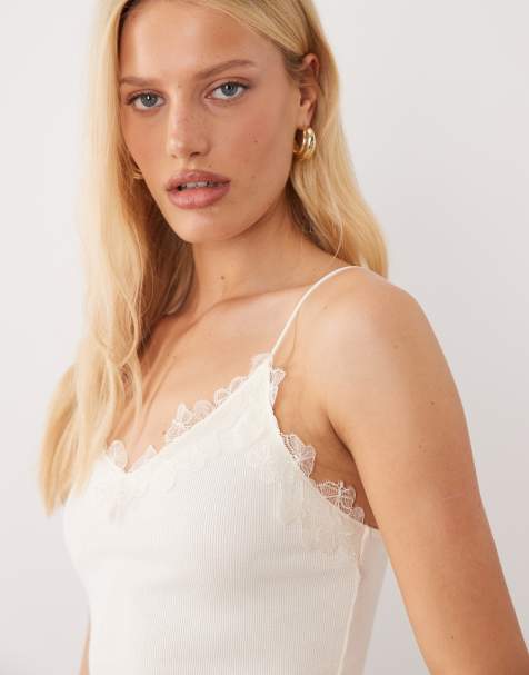 Mango lace detail cami top in cream - view 1