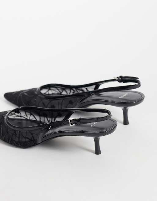 Mango lace detail heeled slingback shoes in black, 2 of 4