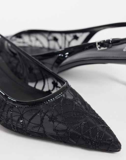 Mango lace detail heeled slingback shoes in black, 3 of 4