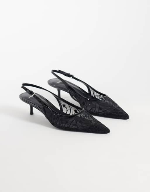 Mango lace detail heeled slingback shoes in black, 4 of 4