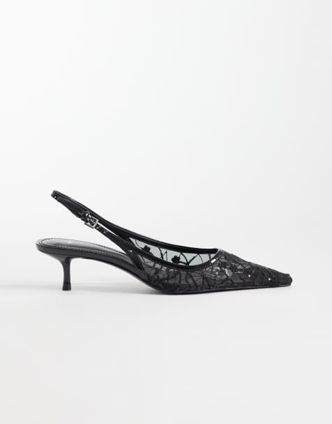 Mango lace detail pointed heeled slingbacks in black - view 1