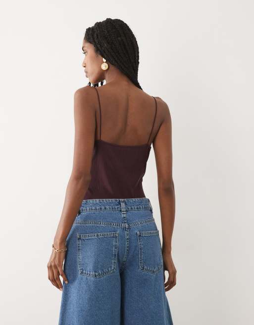 Mango lace detail strappy bodysuit in plum, 3 of 4
