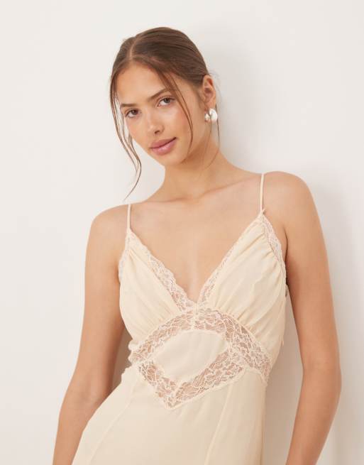 Mango lace detail strappy midi dress in light beige