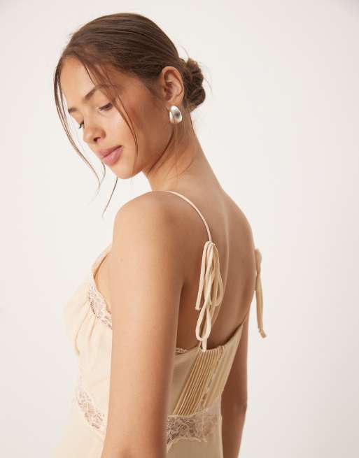 Mango lace detail strappy midi dress in light beige