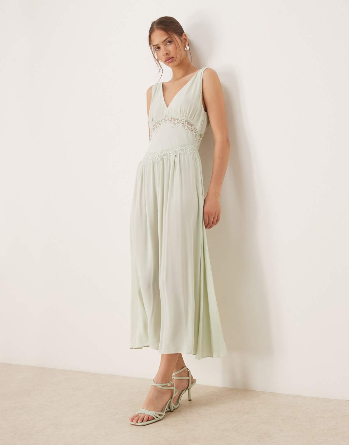 Mango lace detail v neck midi dress in pale green