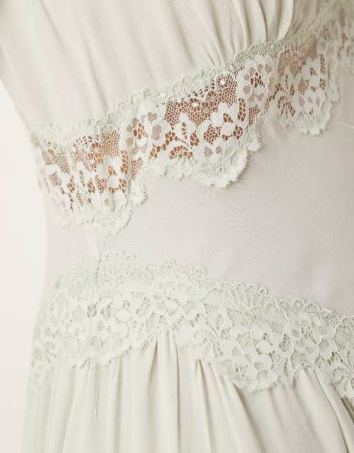 Mango lace detail v neck midi dress in pale green