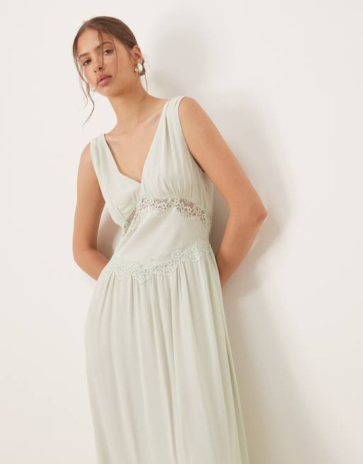 Mango lace detail v neck midi dress in pale green