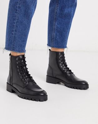 Mango lace front leather biker boots in black | ASOS