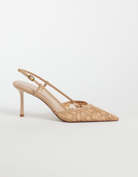 Mango lace heeled slingback in beige - view 1