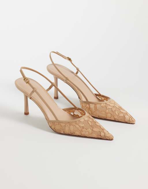 Mango lace heeled slingback in beige, 2 of 4