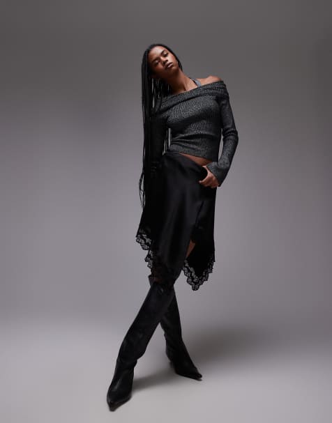 Mango lace hem wrap skirt in black