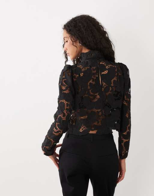 Mango lace high neck long sleeve top in black, 4 of 4