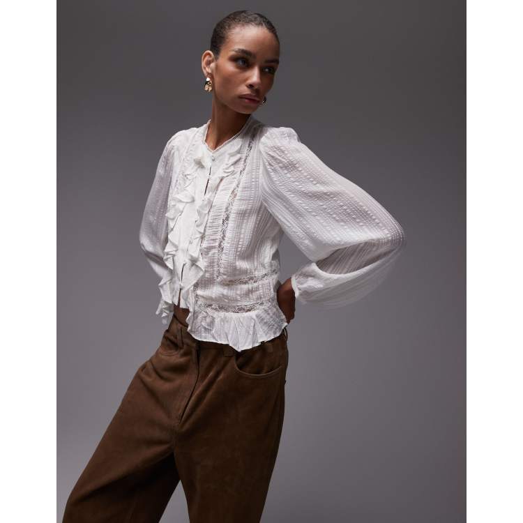 Mango lace insert ruffle blouse in white | ASOS