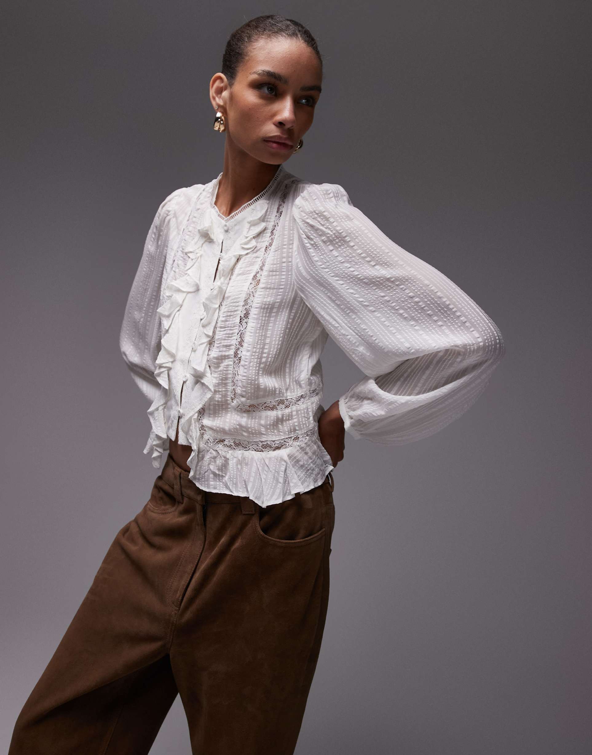 mango lace insert ruffle blouse in white